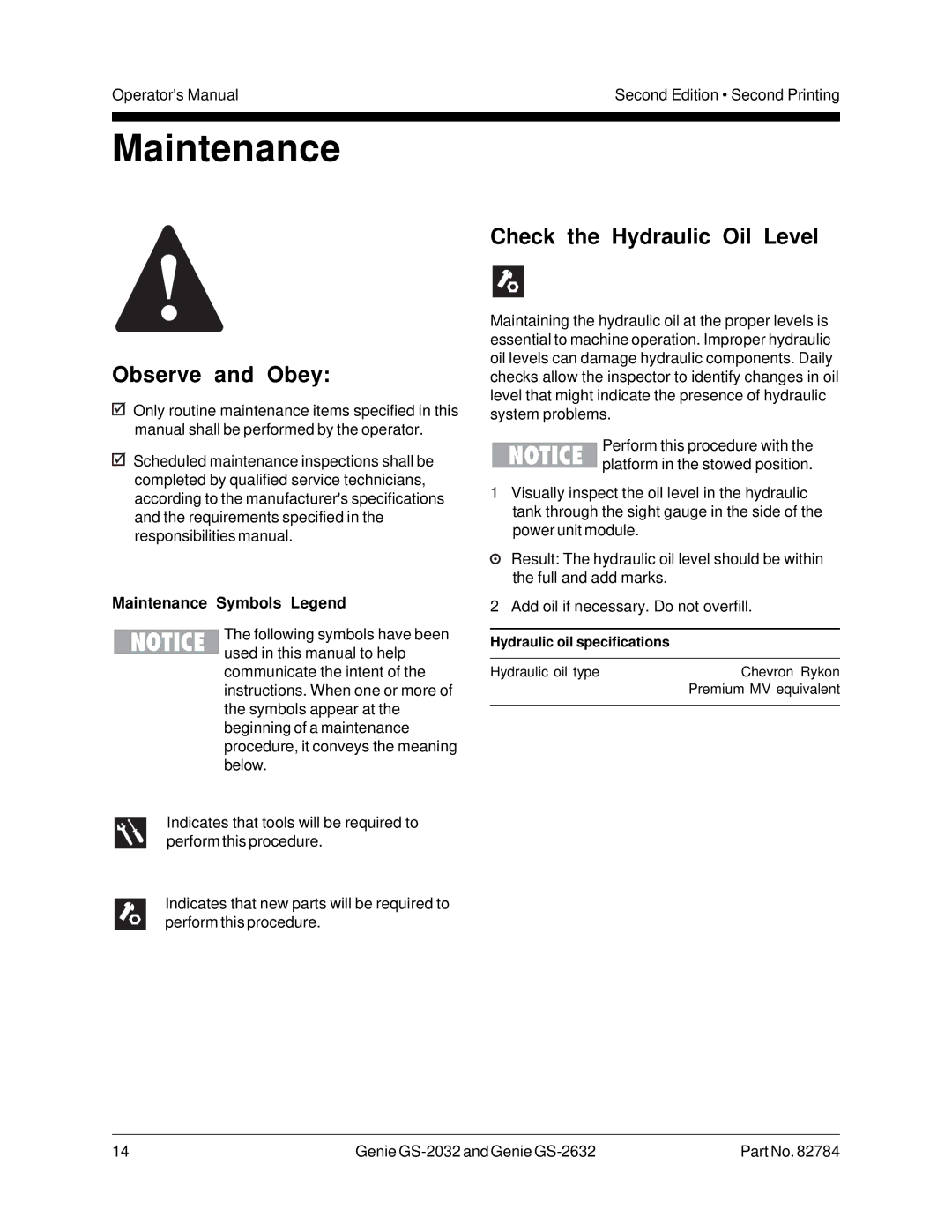 Genie CE, 82784, GS-2032, GS-2632 manual Observe and Obey, Check the Hydraulic Oil Level, Maintenance Symbols Legend 