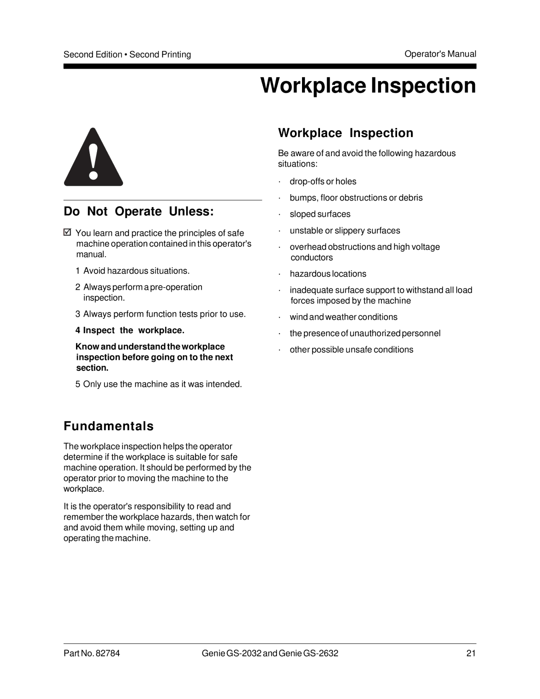 Genie GS-2632, CE, 82784, GS-2032 manual Workplace Inspection 