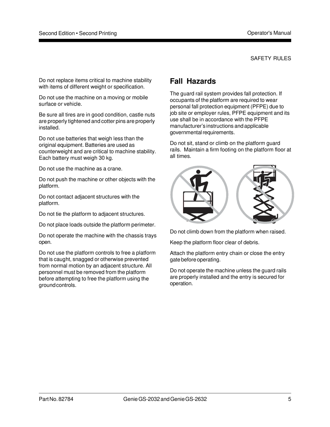 Genie GS-2632, CE, 82784, GS-2032 manual Fall Hazards 