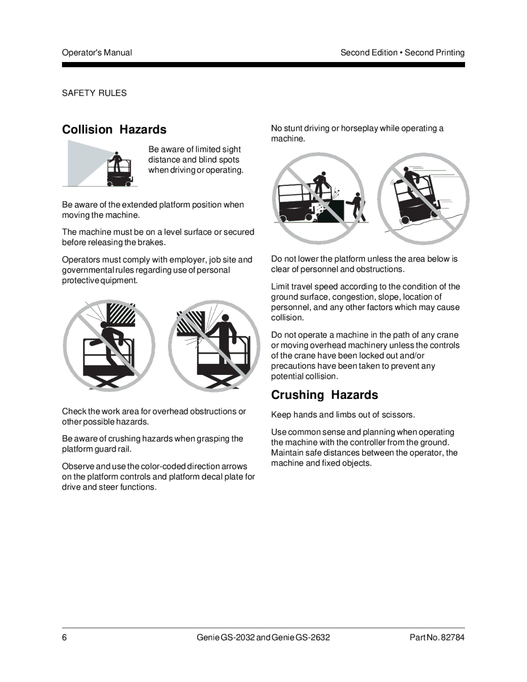 Genie CE, 82784, GS-2032, GS-2632 manual Collision Hazards, Crushing Hazards 