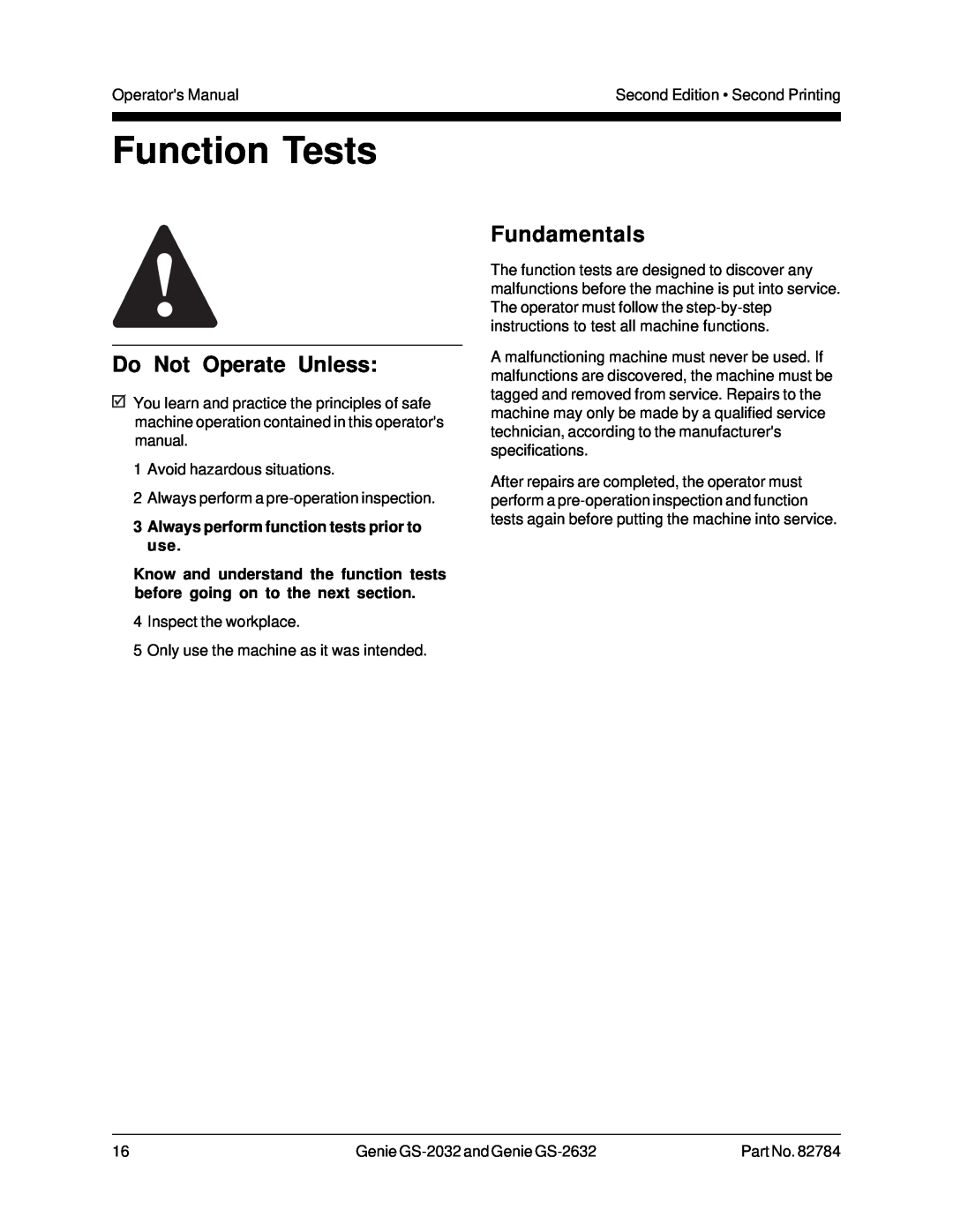 Genie GS-2032, CE, 82784 Function Tests, 3Always perform function tests prior to use, Do Not Operate Unless, Fundamentals 