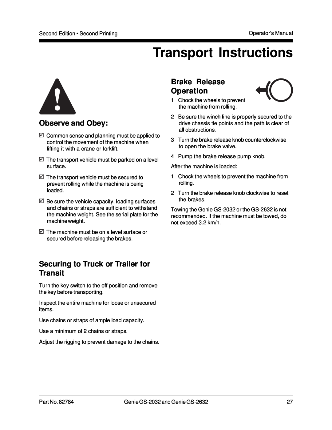 Genie 82784 Transport Instructions, Brake Release Operation, Securing to Truck or Trailer for Transit, Observe and Obey 