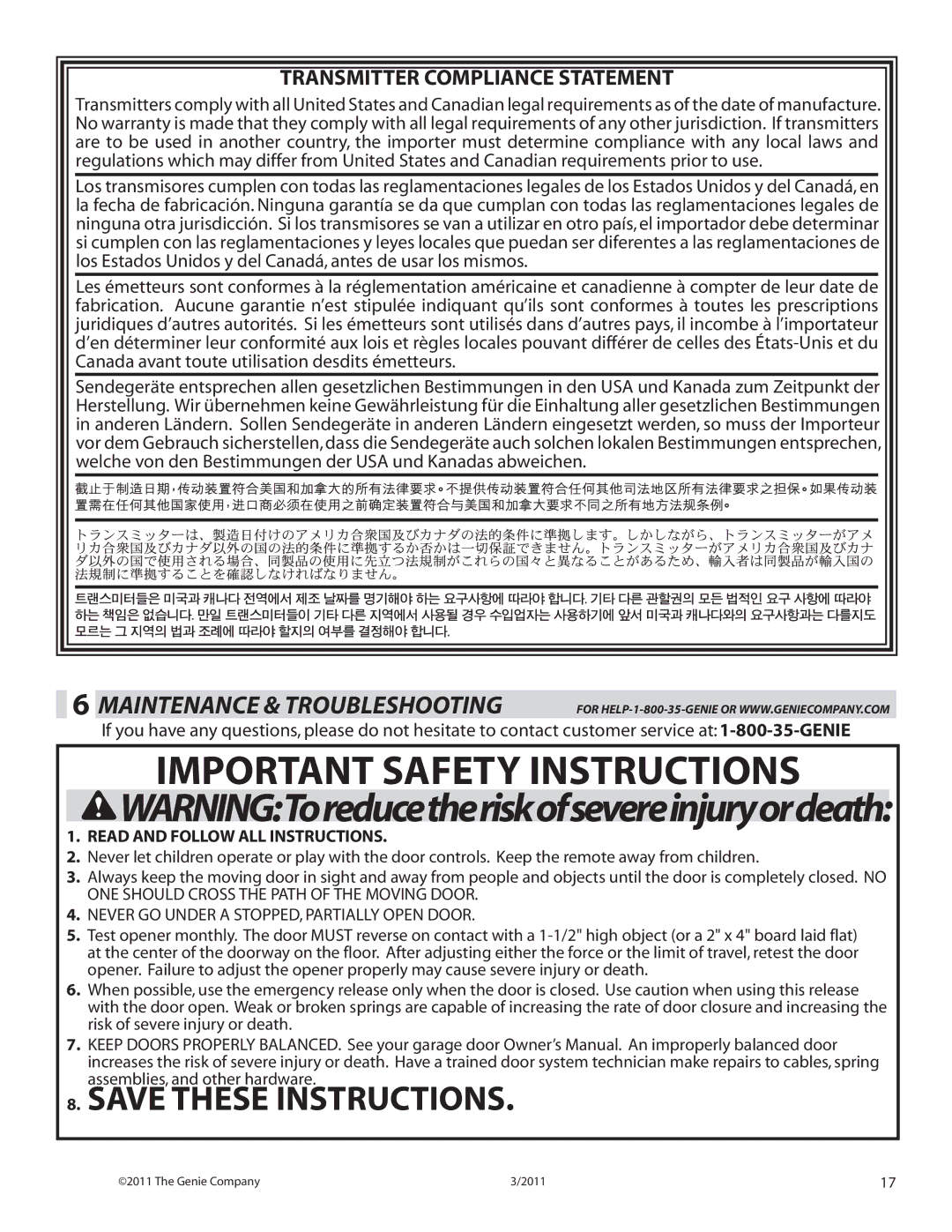 Genie chainmax 1200 garage door opener manual Maintenance & Troubleshooting, Transmitter Compliance Statement 