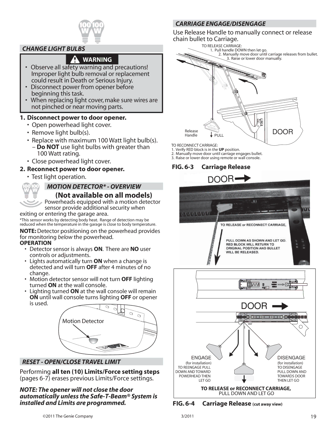 Genie chainmax 1200 garage door opener Door, Change Light Bulbs, Motion DETECTOR* Overview, Reset OPEN/CLOSE Travel Limit 