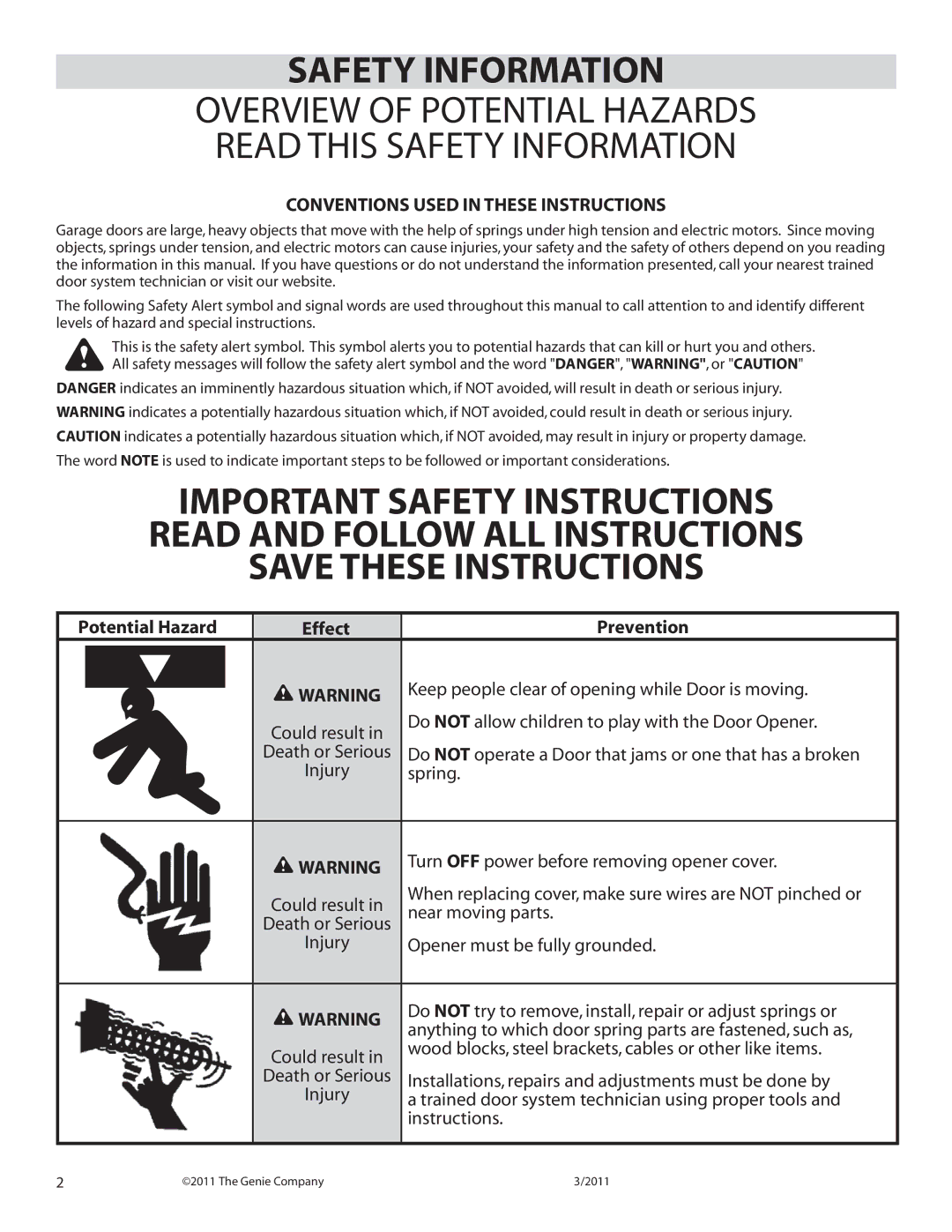 Genie chainmax 1200 garage door opener manual Potential Hazard, Prevention 