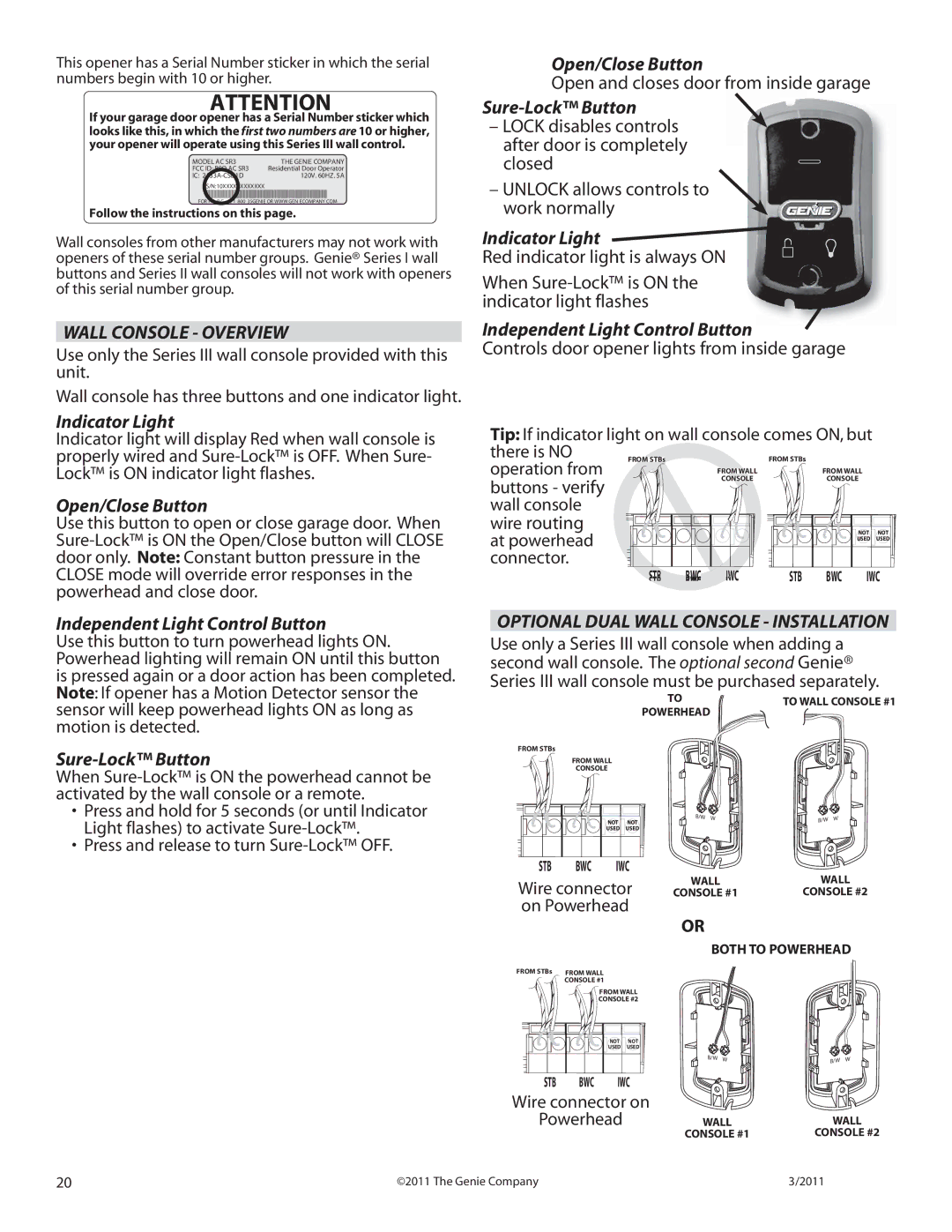 Genie chainmax 1200 garage door opener manual Wall Console Overview, Open and closes door from inside garage, Wire routing 