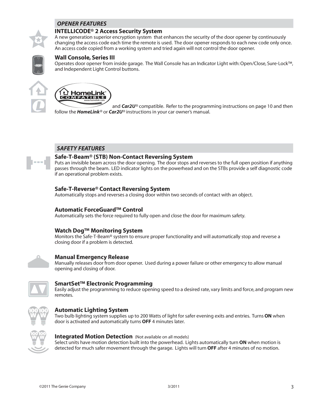 Genie chainmax 1200 garage door opener manual Opener Features, Safety Features 