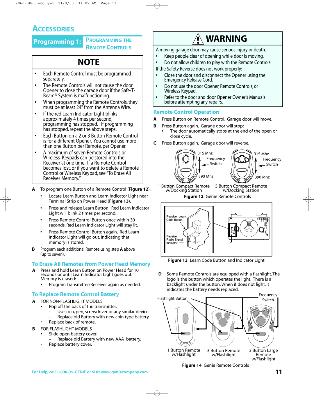 Genie directlift 2060 warranty Accessories, Programming 1 Programming, Remote Controls, Pop off the back of the transmitter 