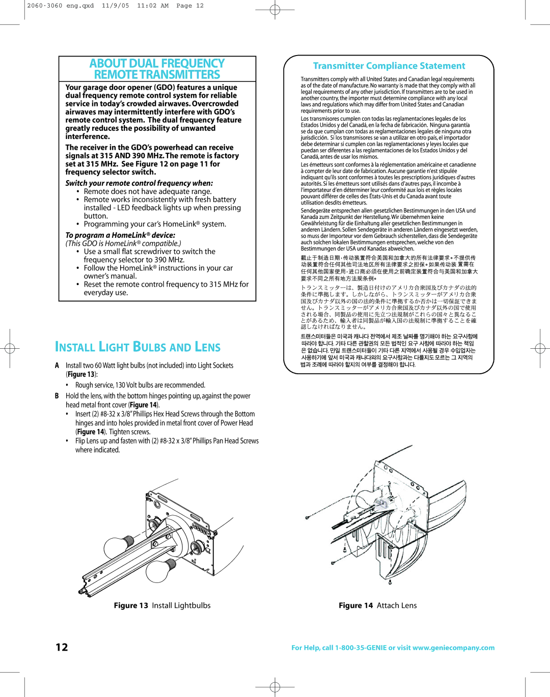 Genie directlift 2060 warranty Install Light Bulbs and Lens, Install Lightbulbs 