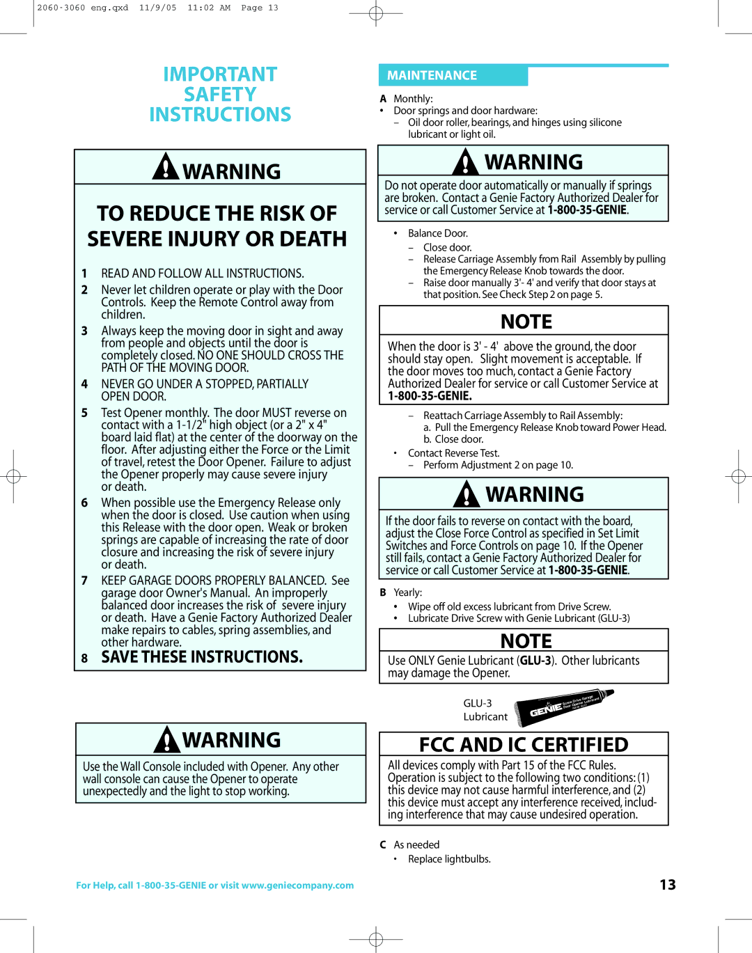 Genie directlift 2060 warranty Lubricant, As needed Replace lightbulbs 