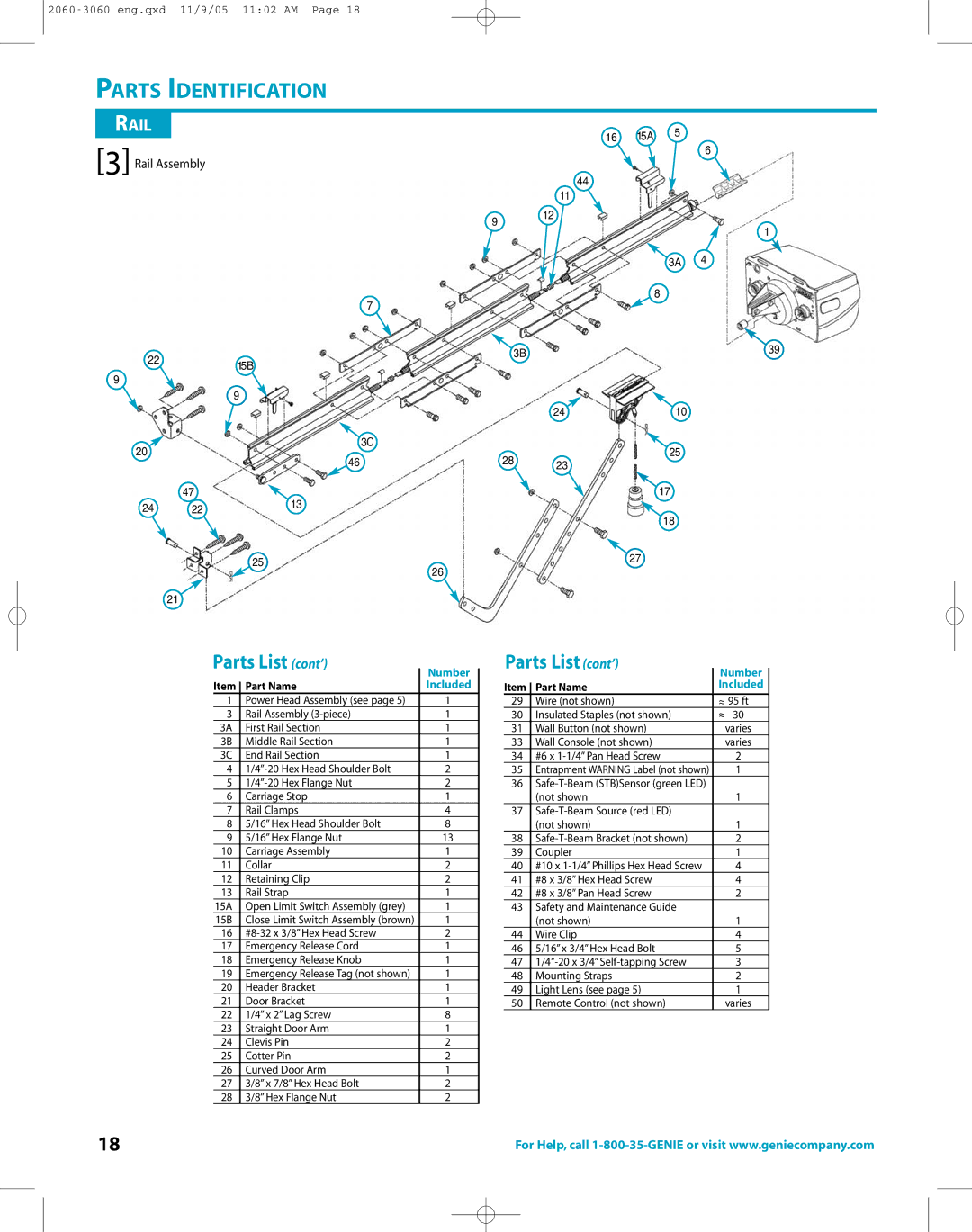 Genie directlift 2060 warranty Parts List cont’ 