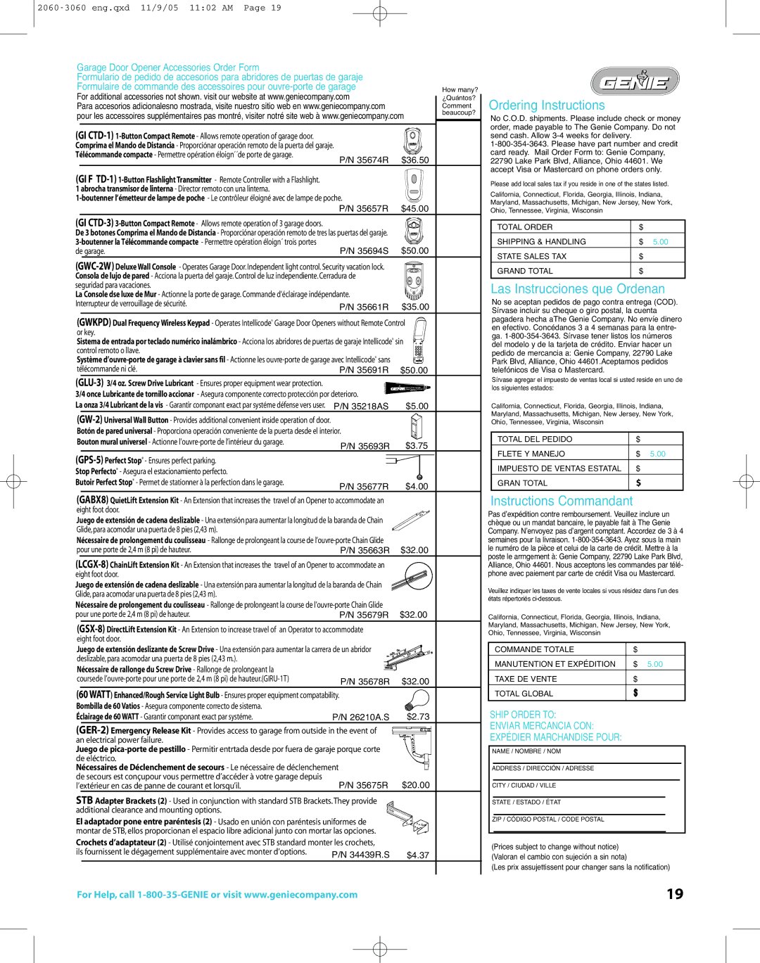 Genie directlift 2060 warranty Ordering Instructions 