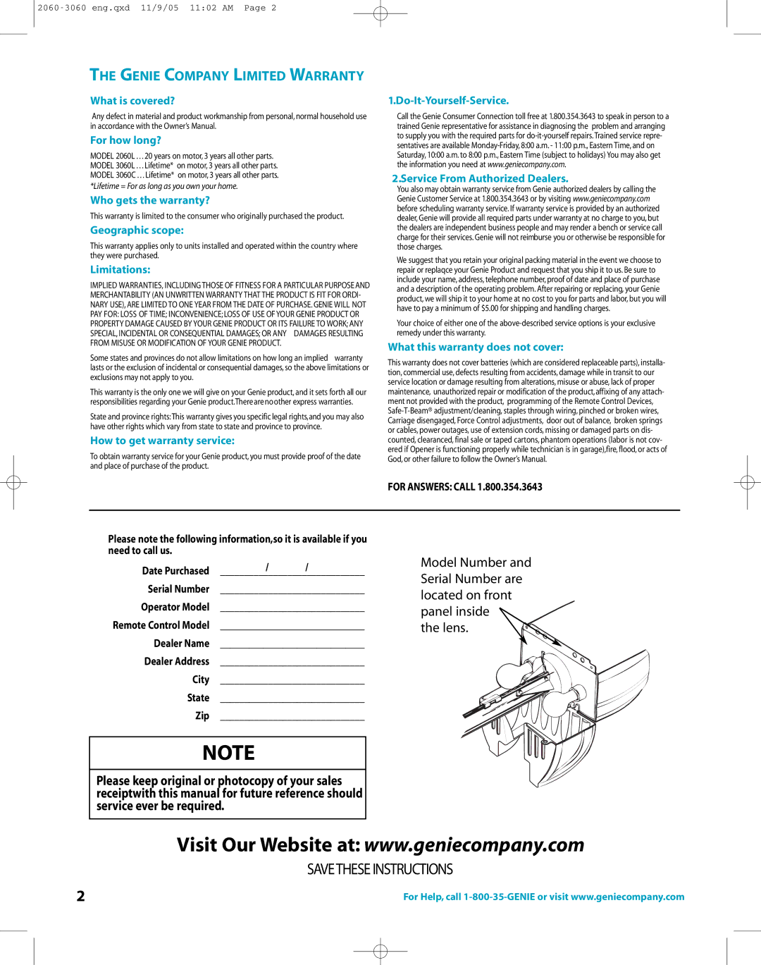 Genie directlift 2060 warranty Savethese Instructions 