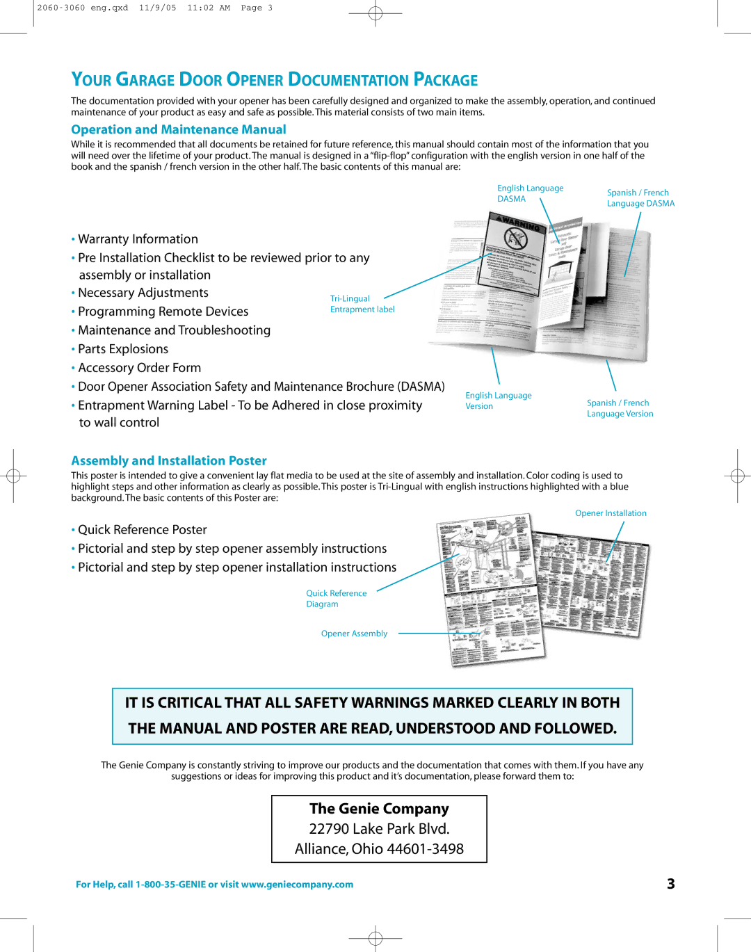 Genie directlift 2060 warranty Your Garage Door Opener Documentation Package, Operation and Maintenance Manual 