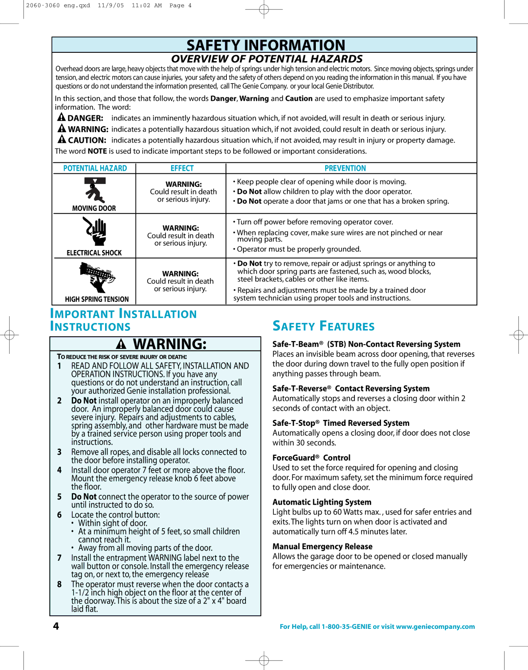 Genie directlift 2060 warranty Important Installation Instructions, Safety Features 