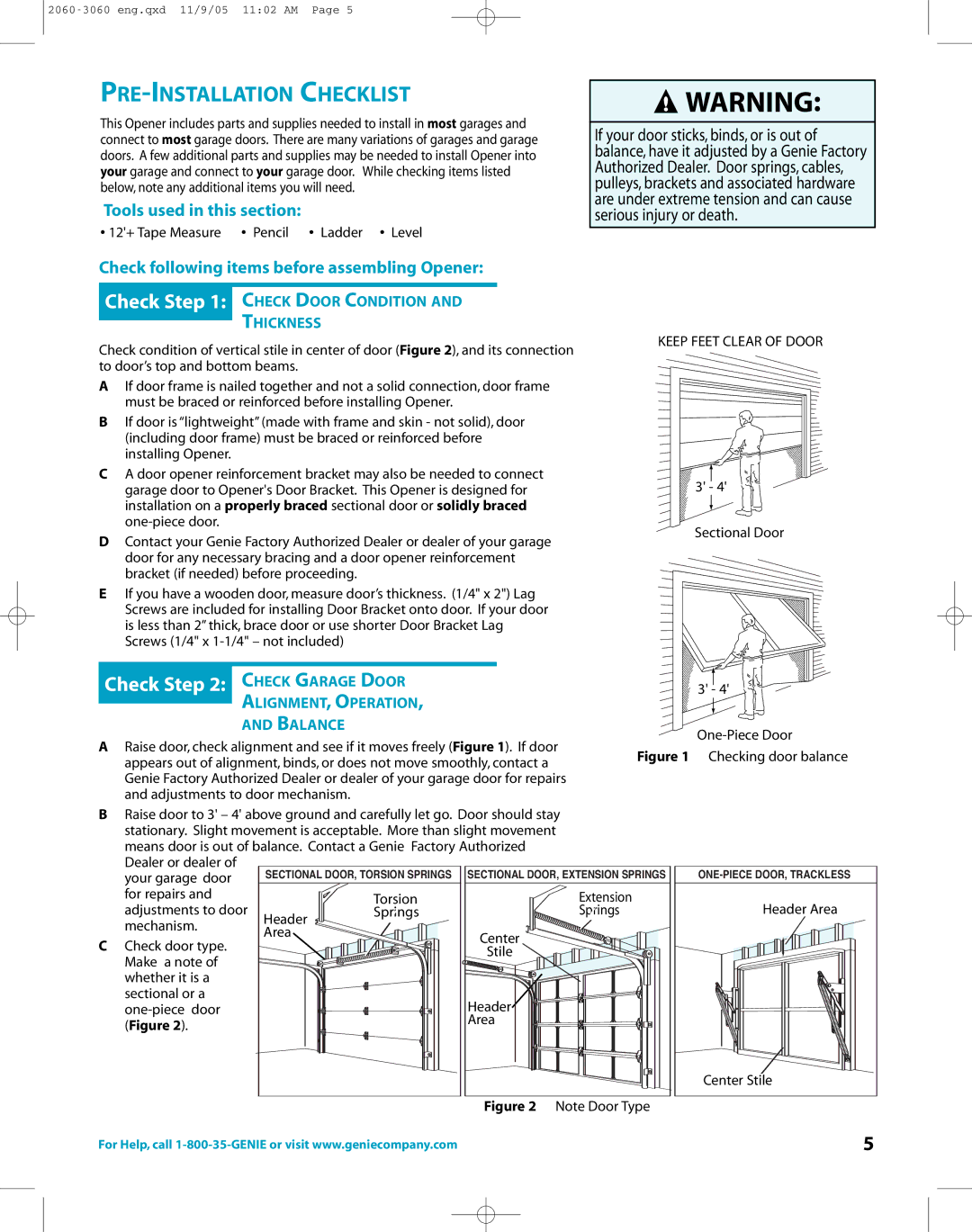 Genie directlift 2060 warranty Check Check Garage Door, Thickness, ALIGNMENT, Operation Balance 