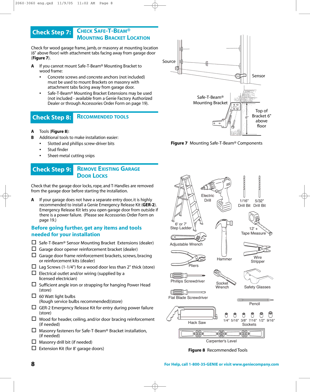 Genie directlift 2060 warranty Check Check SAFE-T-BEAM, E G, Mounting Bracket Location 