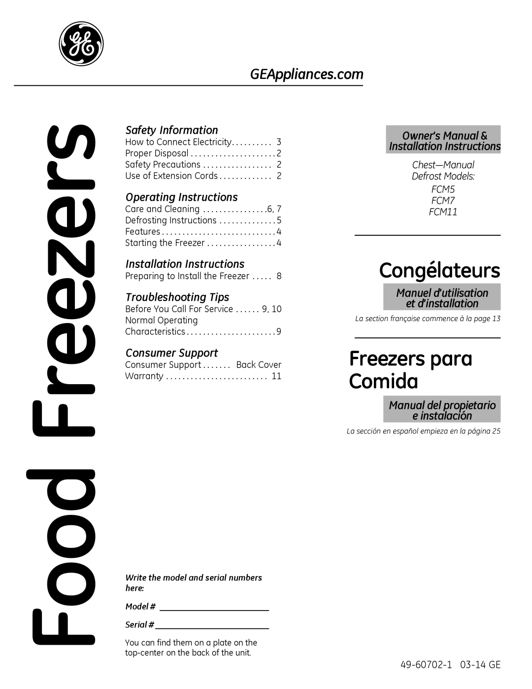 Genie FCM11, FCM7, FCM5 owner manual Food Freezers 