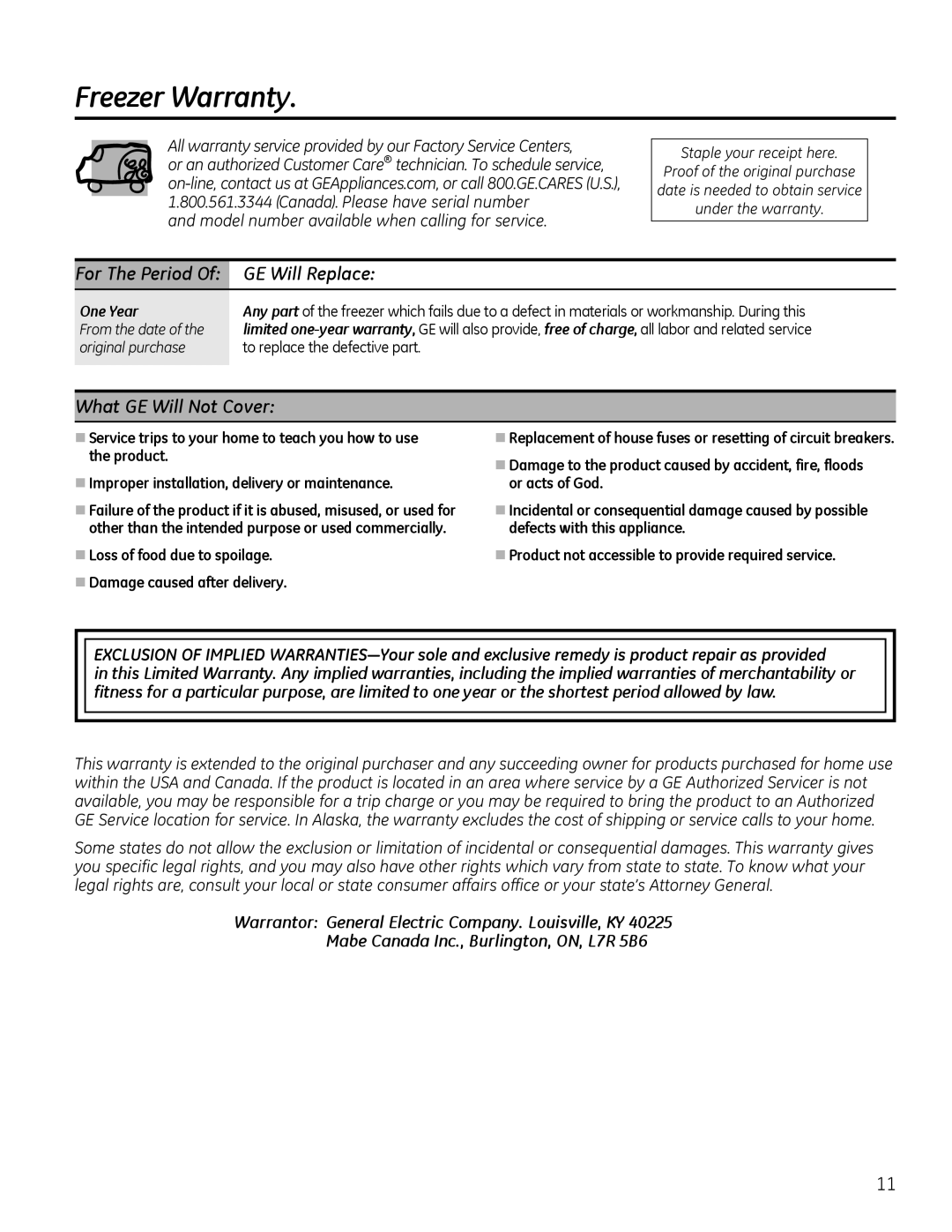 Genie FCM5, FCM7, FCM11 owner manual Freezer Warranty, GE Will Replace, What GE Will Not Cover 