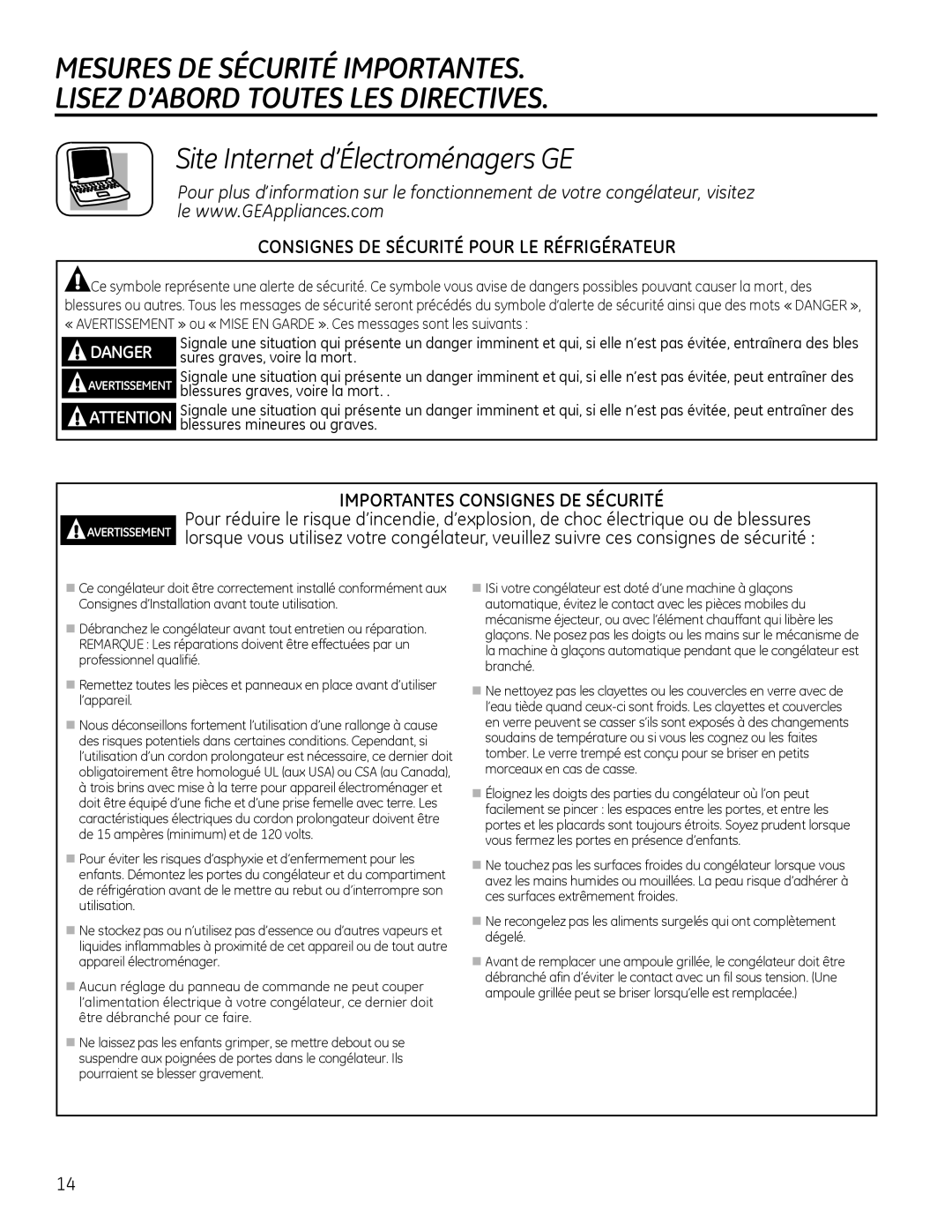 Genie FCM5, FCM7, FCM11 Site Internet d’Électroménagers GE, Sures graves, voire la mort, Blessures graves, voire la mort 