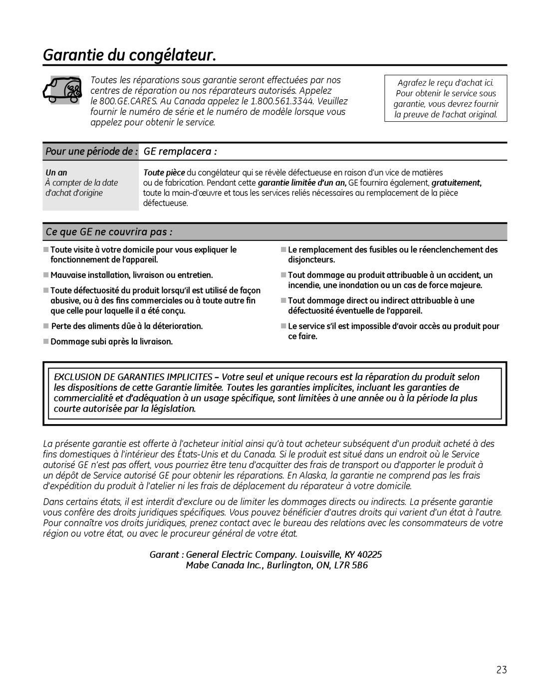 Genie FCM5, FCM7, FCM11 Garantie du congélateur, Pour une période de GE remplacera, Ce que GE ne couvrira pas, Défectueuse 