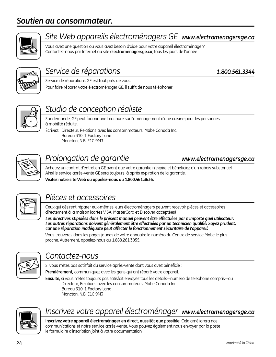 Genie FCM7, FCM11, FCM5 owner manual Soutien au consommateur, Service de réparations, Prolongation de garantie 