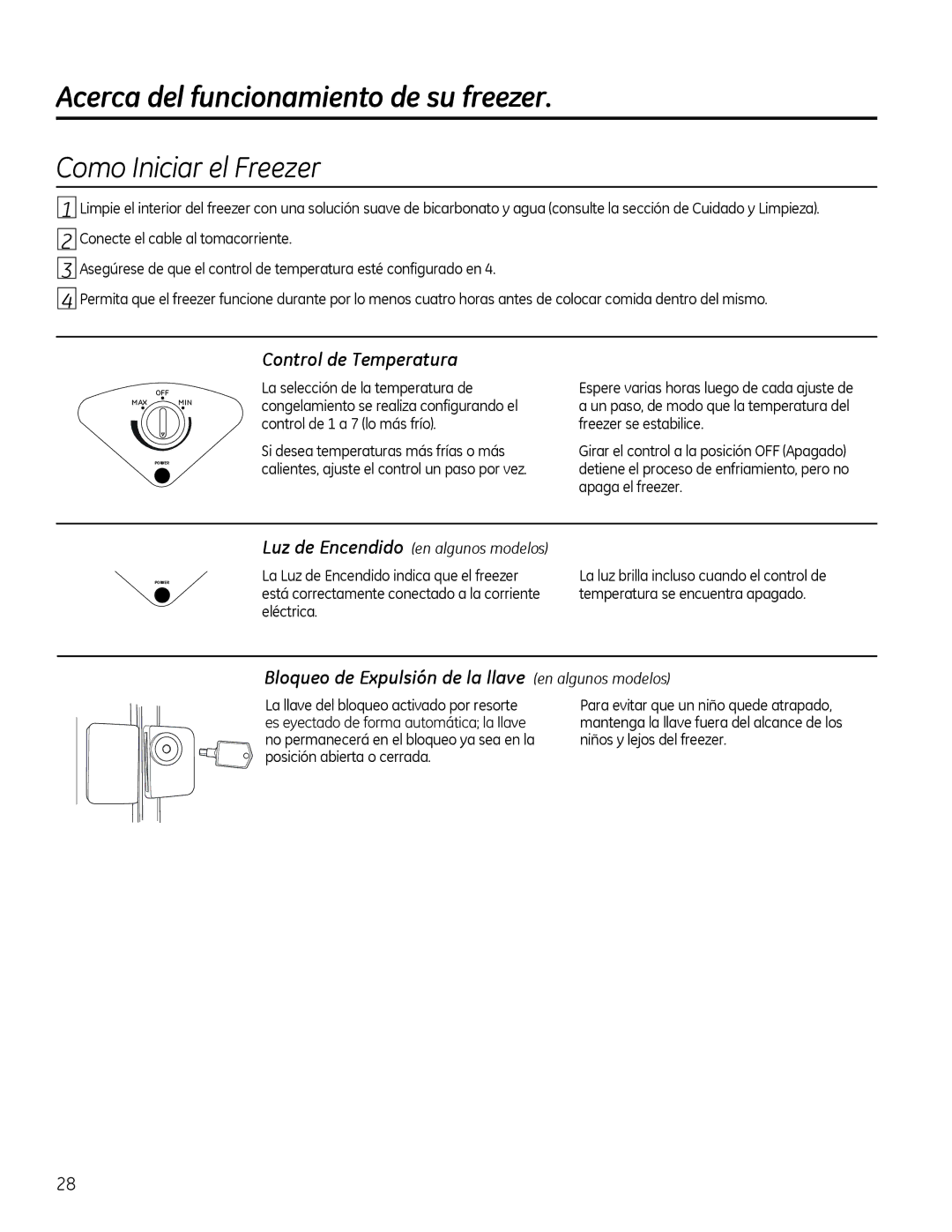 Genie FCM11, FCM7, FCM5 owner manual Acerca del funcionamiento de su freezer, Como Iniciar el Freezer, Control de Temperatura 