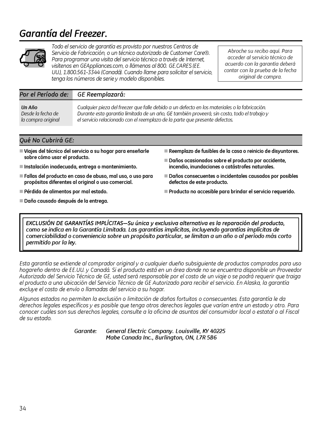 Genie FCM11, FCM7, FCM5 owner manual Garantía del Freezer, GE Reemplazará, Qué No Cubrirá GE 