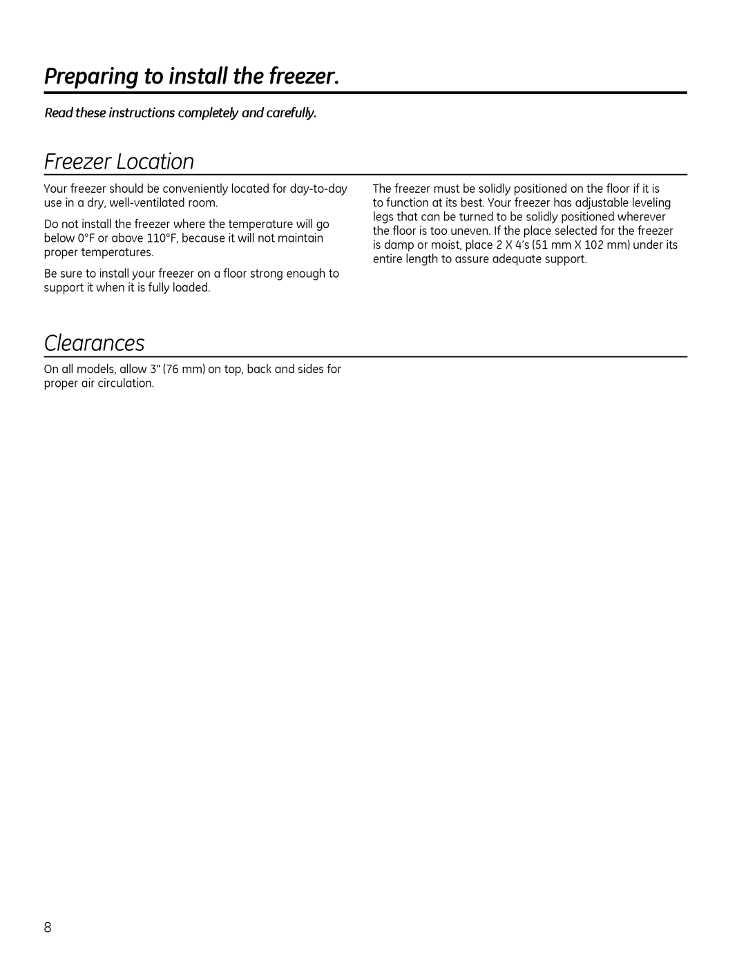 Genie FCM5, FCM7, FCM11 owner manual Preparing to install the freezer, Uhhhu/Rfdwlrq 