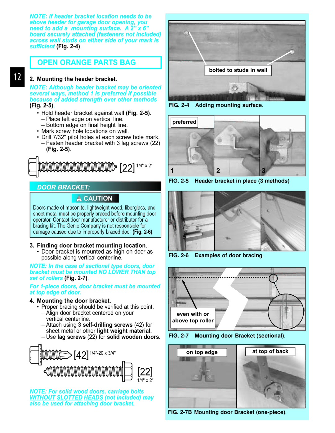 Genie GCG, H, PCG manual Door Bracket, 12 2. Mounting the header bracket, Finding door bracket mounting location 