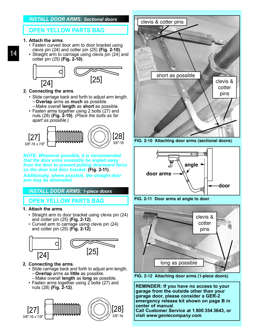 Genie PCG, GCG, H manual Attach the arms, Connecting the arms 