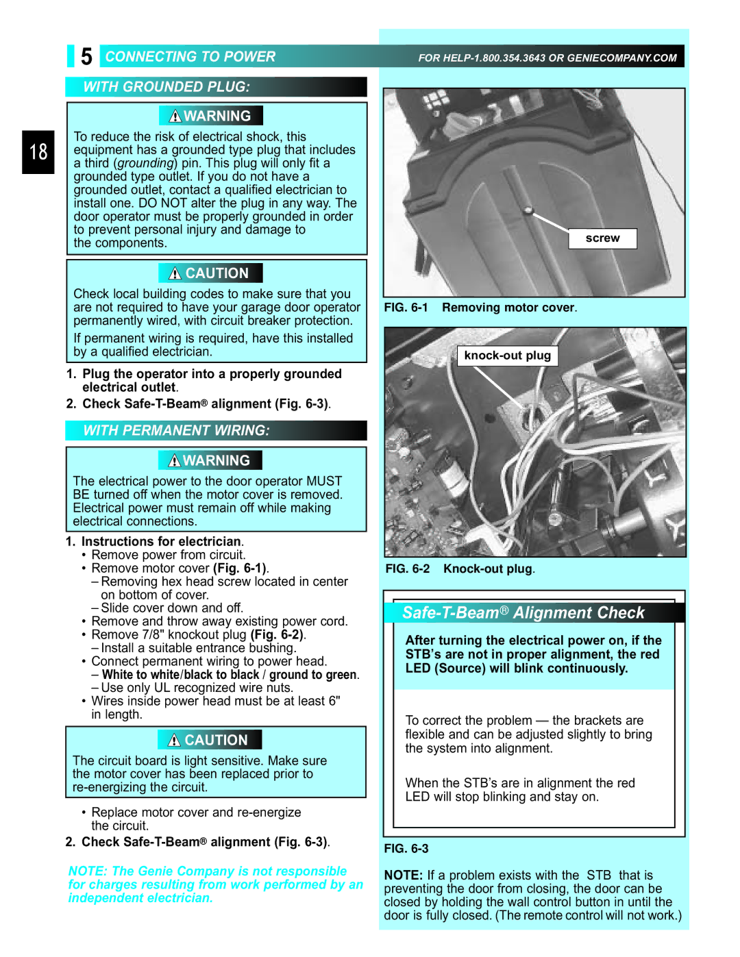 Genie GCG, H, PCG manual Connecting to Power, With Grounded Plug, With Permanent Wiring, Instructions for electrician 