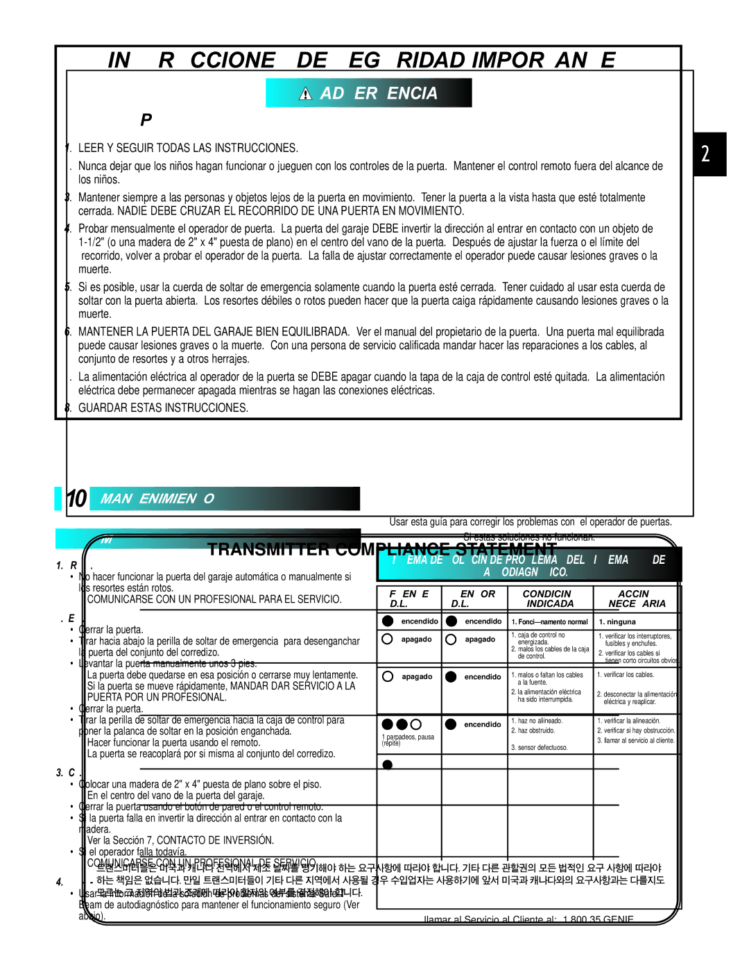 Genie PCG, GCG, H manual Mantenimiento, Problemas DE Solución LA Para Guía, Verde .L.D Rojo .L.D 