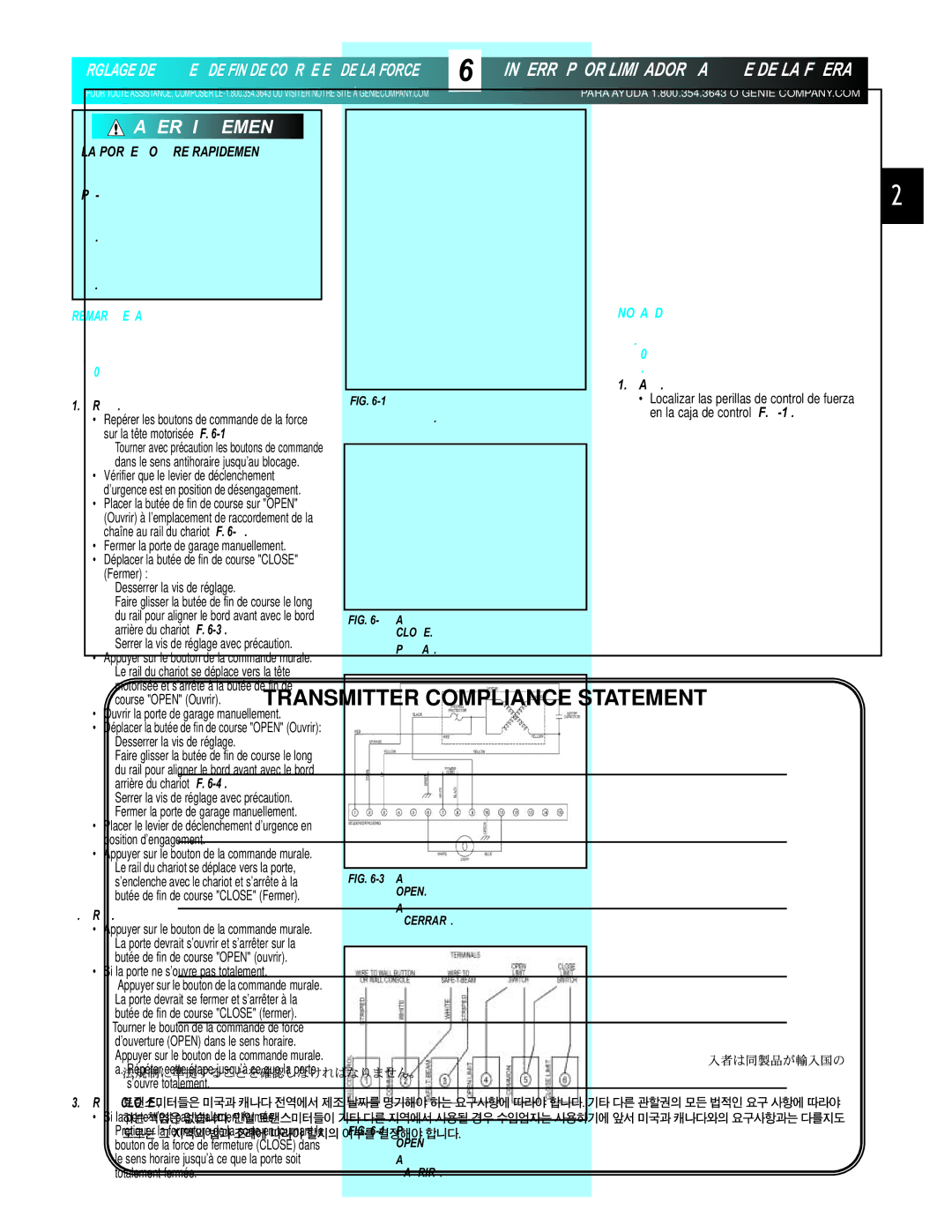 Genie GCG, H, PCG manual Abrir de límite, Fuerza LA DE Ajuste / Limitador Interruptor, Fig corredizo 