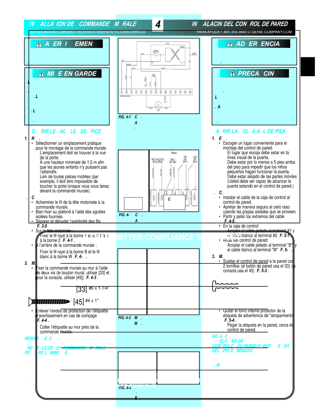 Genie PCG, GCG, H manual Pared DE Control DEL Instalación, Murale commande la de l’arrière À, Borne la à, Câblage 