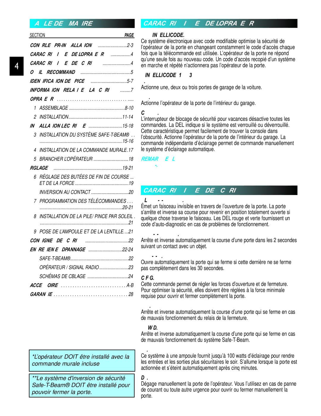 Genie PCG, GCG, H manual Sécurité DE Caractéristiques, ’OPÉRATEUR DE Caractéristiques, Matières DES Table 