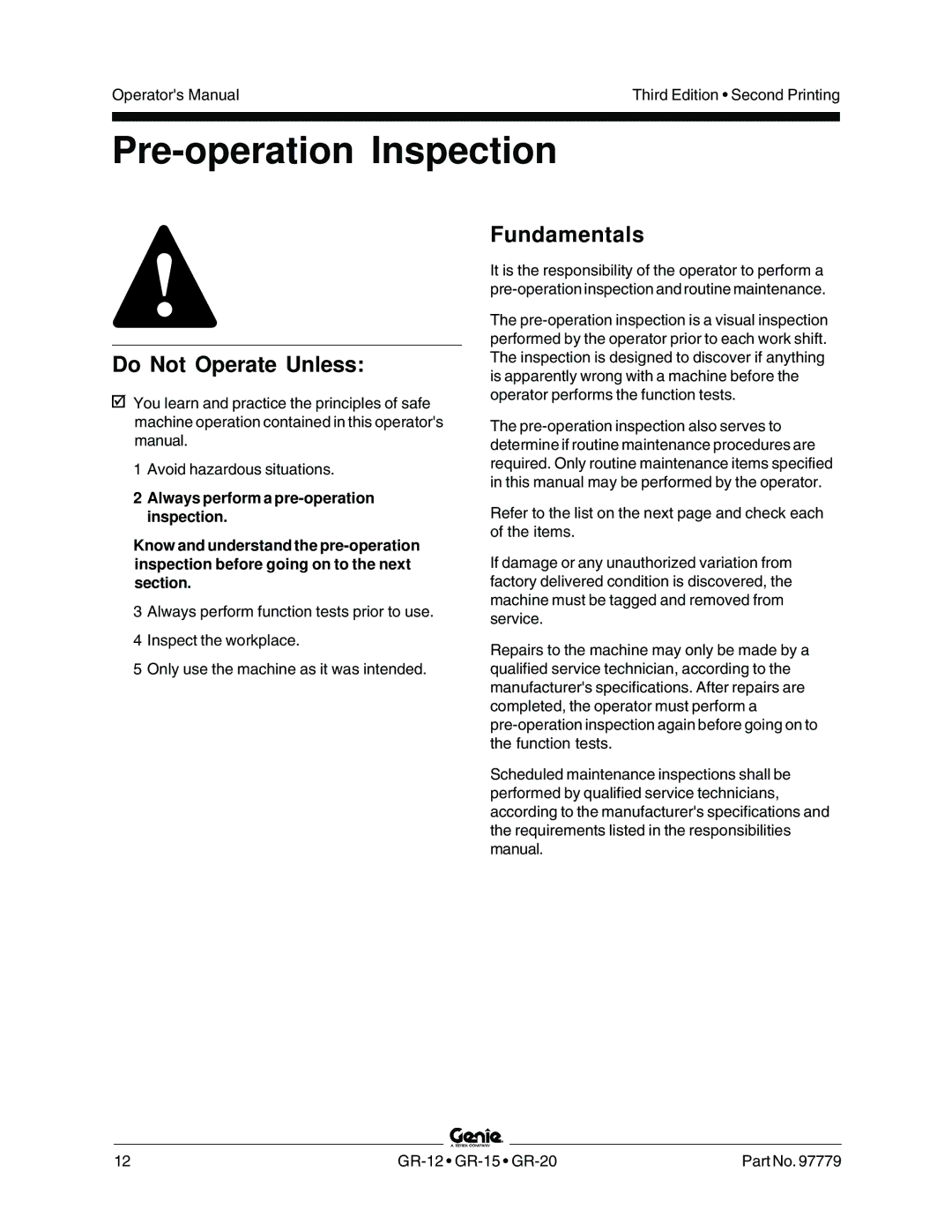 Genie GR-12, GR-15, GR-20 manual Pre-operation Inspection, Fundamentals 