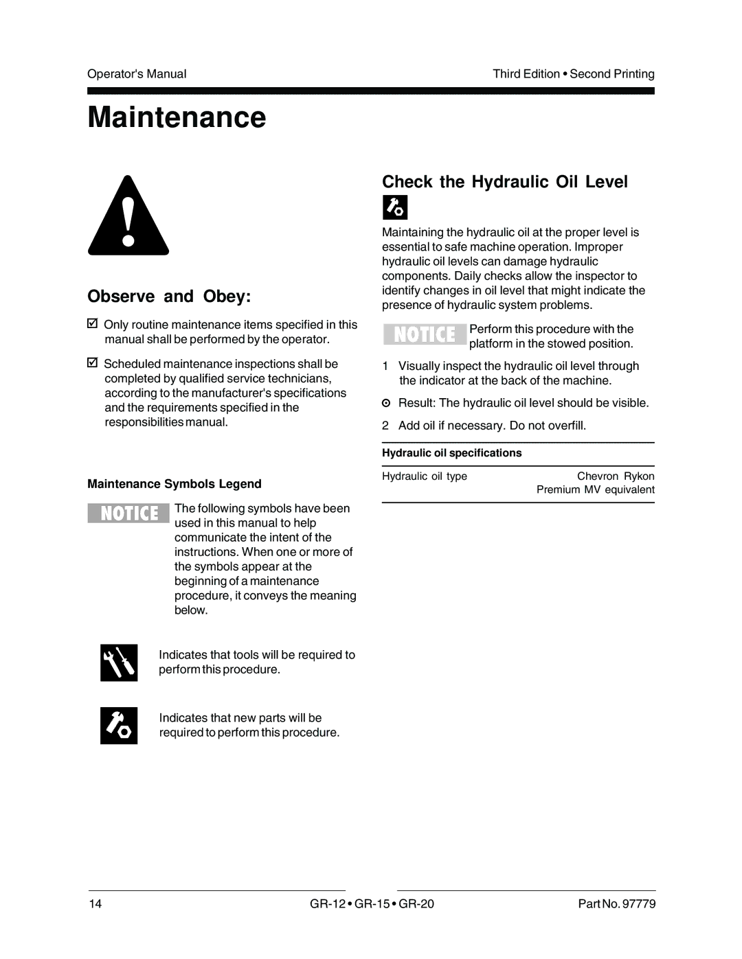 Genie GR-20 Observe and Obey, Check the Hydraulic Oil Level, Maintenance Symbols Legend, Hydraulic oil specifications 