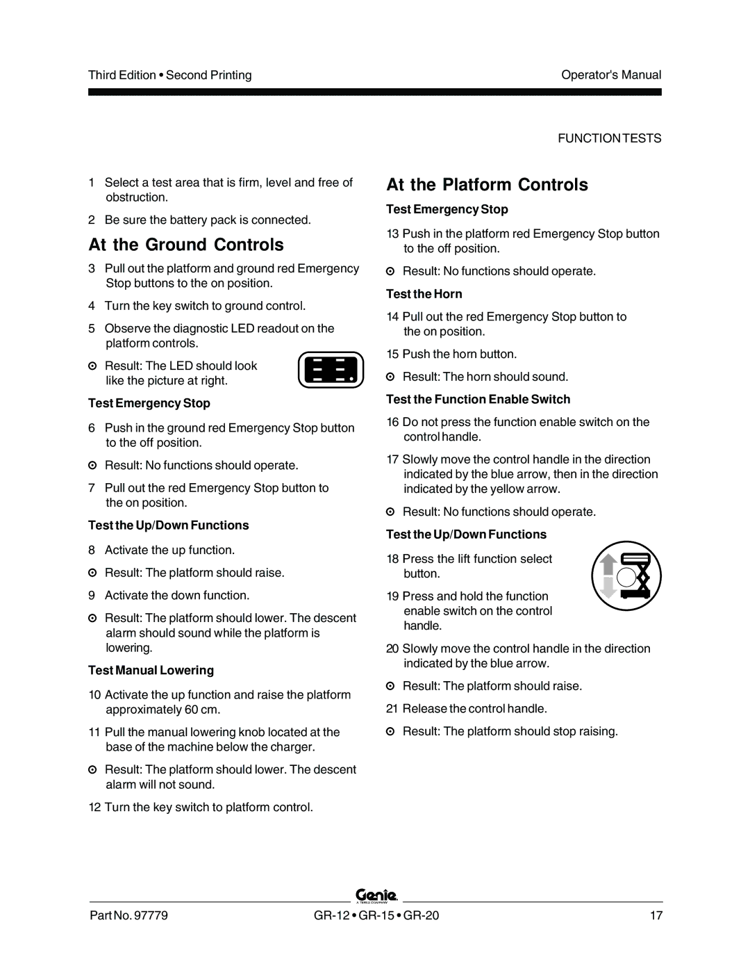 Genie GR-20, GR-15, GR-12 manual At the Ground Controls, At the Platform Controls 
