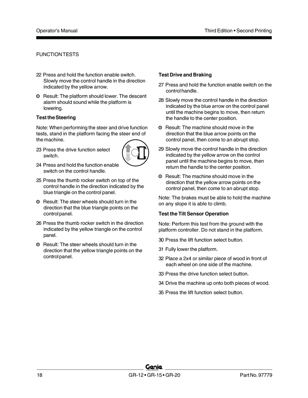 Genie GR-12, GR-15, GR-20 manual Test the Steering, Test Drive and Braking, Test the Tilt Sensor Operation 