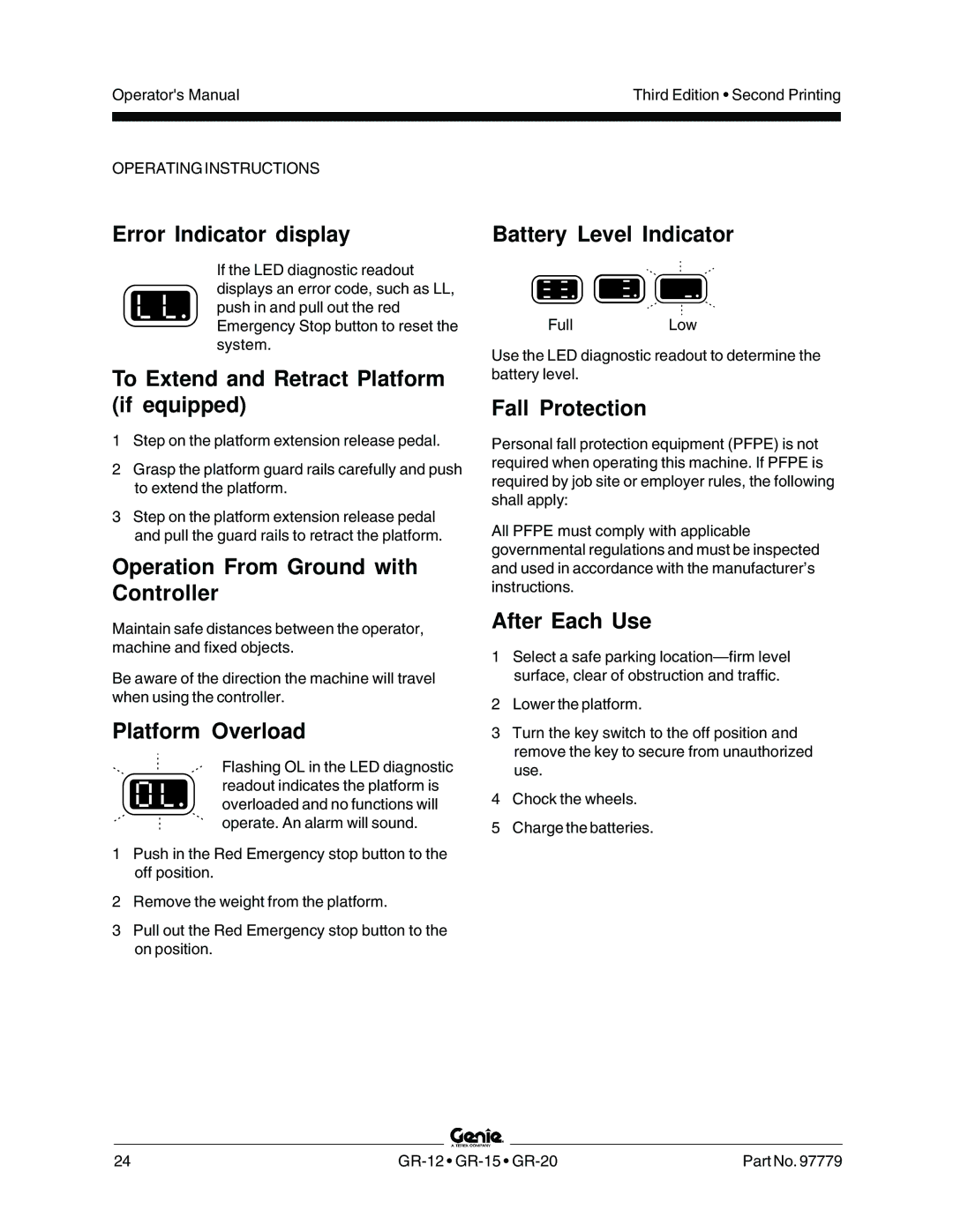 Genie GR-12 Error Indicator display, To Extend and Retract Platform if equipped, Operation From Ground with Controller 