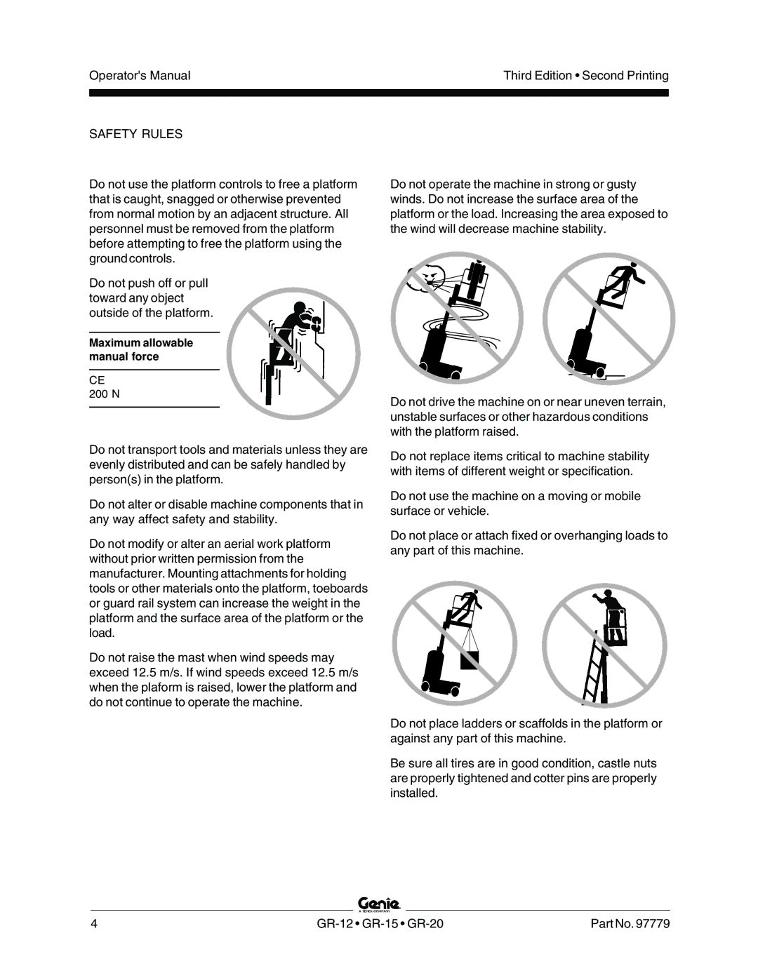 Genie GR-15, GR-20, GR-12 Maximum allowable manual force 