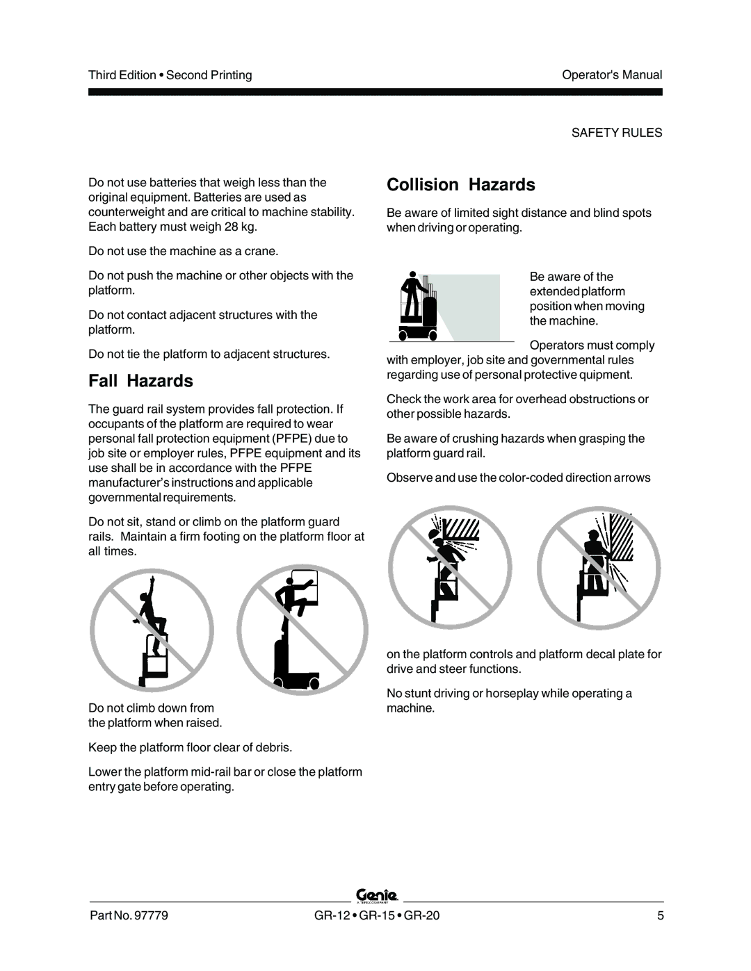 Genie GR-20, GR-15, GR-12 manual Fall Hazards, Collision Hazards 