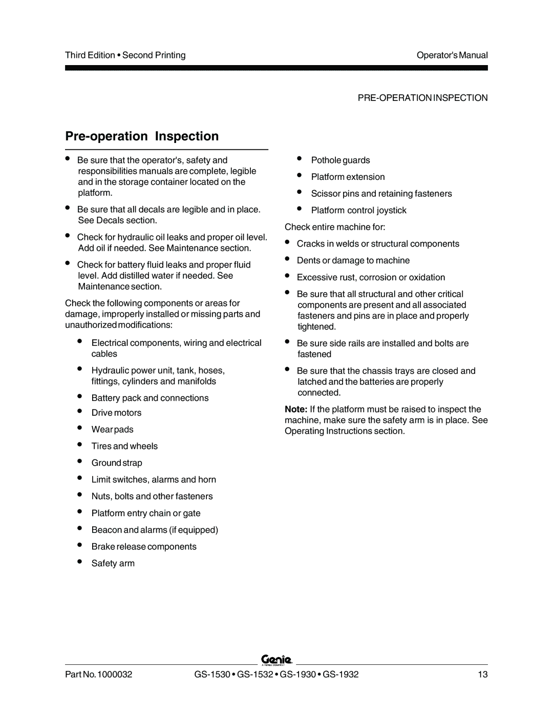 Genie GS-1930, CE, GS-1530, GS-1532, GS-1932 manual Pre-operation Inspection, PRE-OPERATION Inspection 