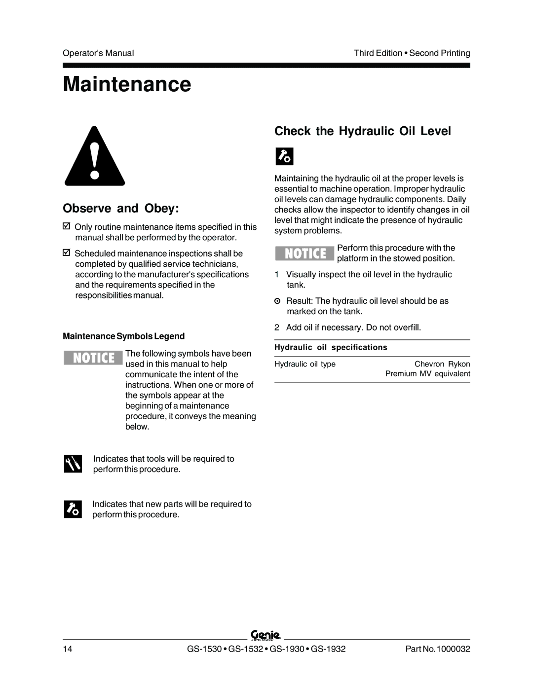 Genie CE, GS-1930, GS-1530, GS-1532, GS-1932 Observe and Obey, Check the Hydraulic Oil Level, Maintenance Symbols Legend 