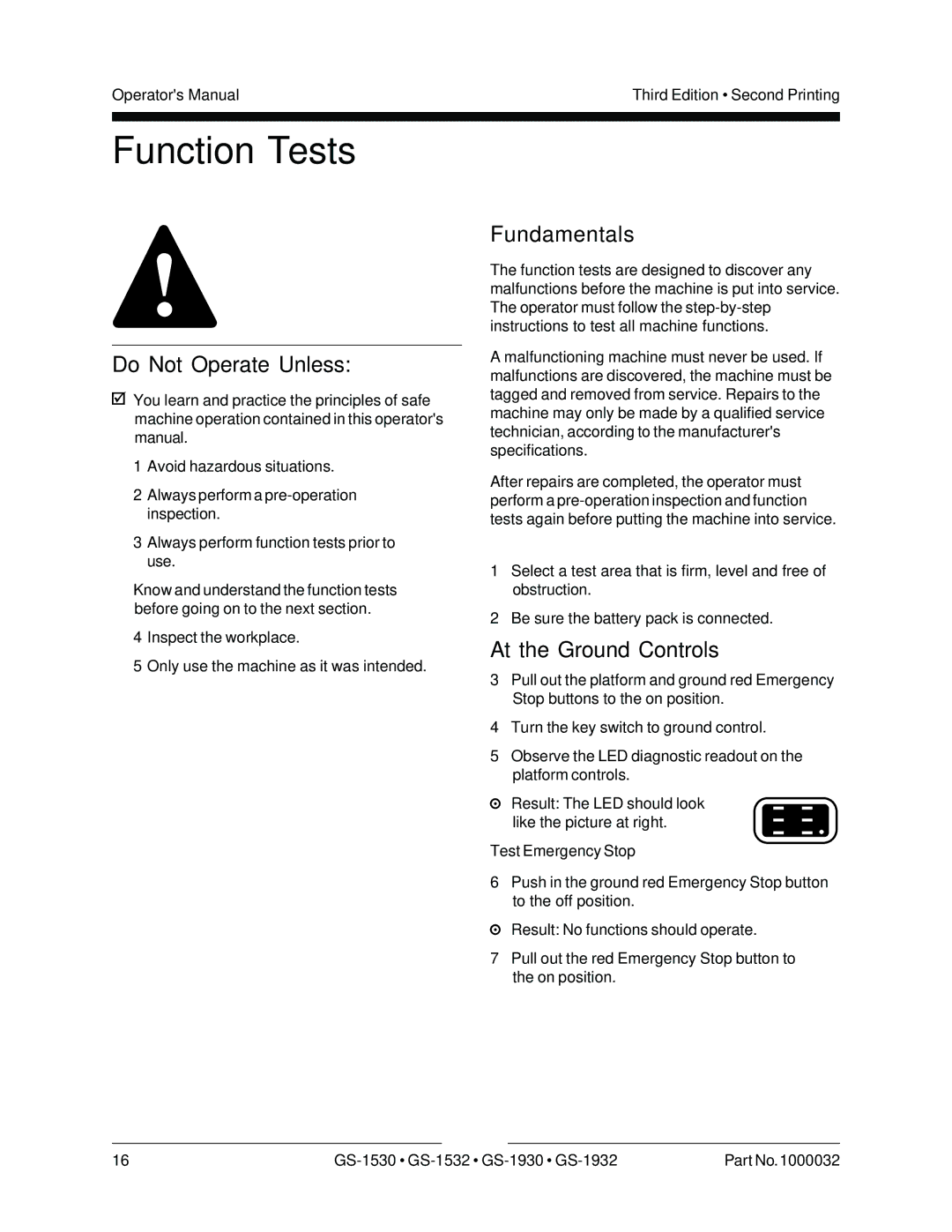 Genie GS-1532, GS-1930, CE, GS-1530, GS-1932 manual Function Tests, At the Ground Controls, Test Emergency Stop 