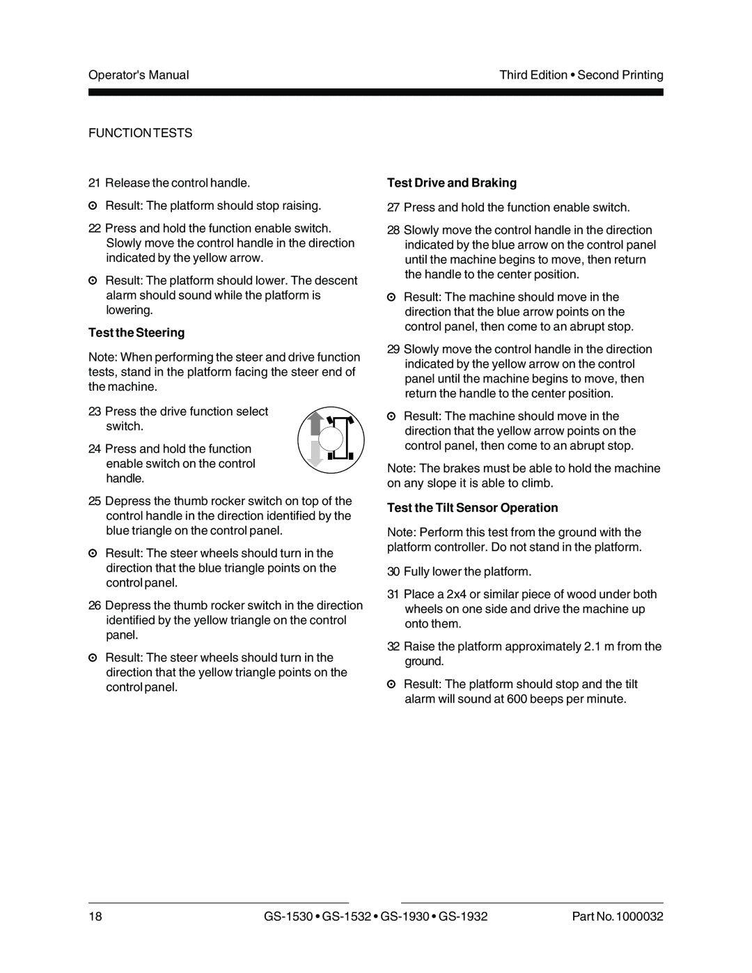 Genie GS-1930, CE, GS-1530, GS-1532, GS-1932 manual Test the Steering, Test Drive and Braking, Test the Tilt Sensor Operation 