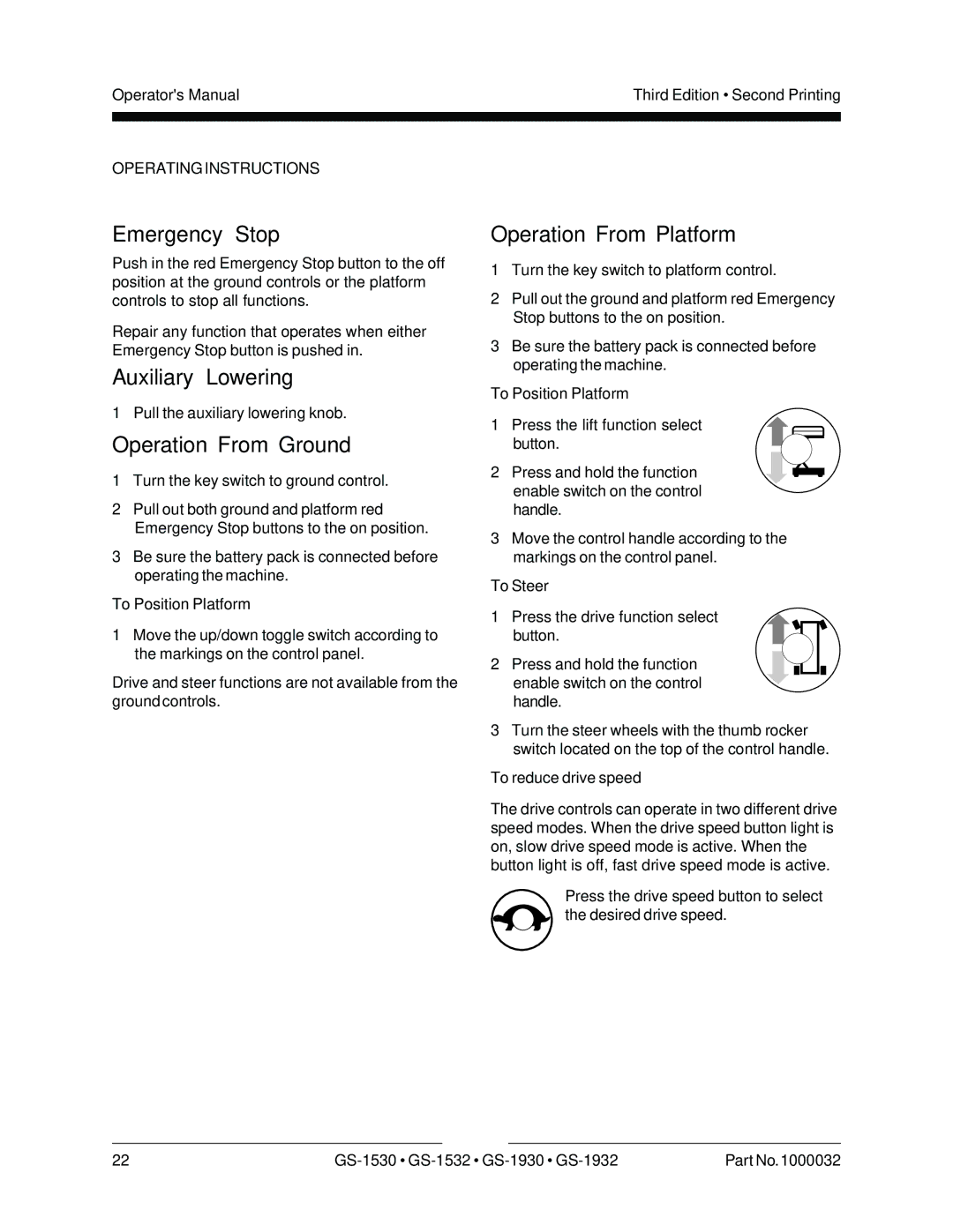 Genie GS-1932, GS-1930, CE, GS-1530 manual Emergency Stop, Auxiliary Lowering, Operation From Ground, Operation From Platform 