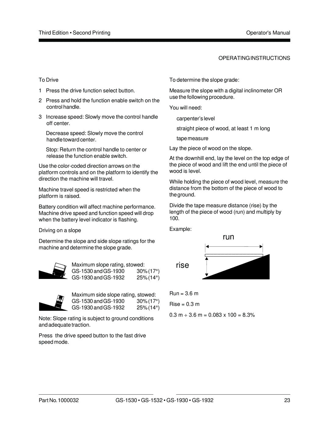 Genie GS-1930, CE, GS-1530, GS-1532, GS-1932 manual To Drive, Driving on a slope, To determine the slope grade 