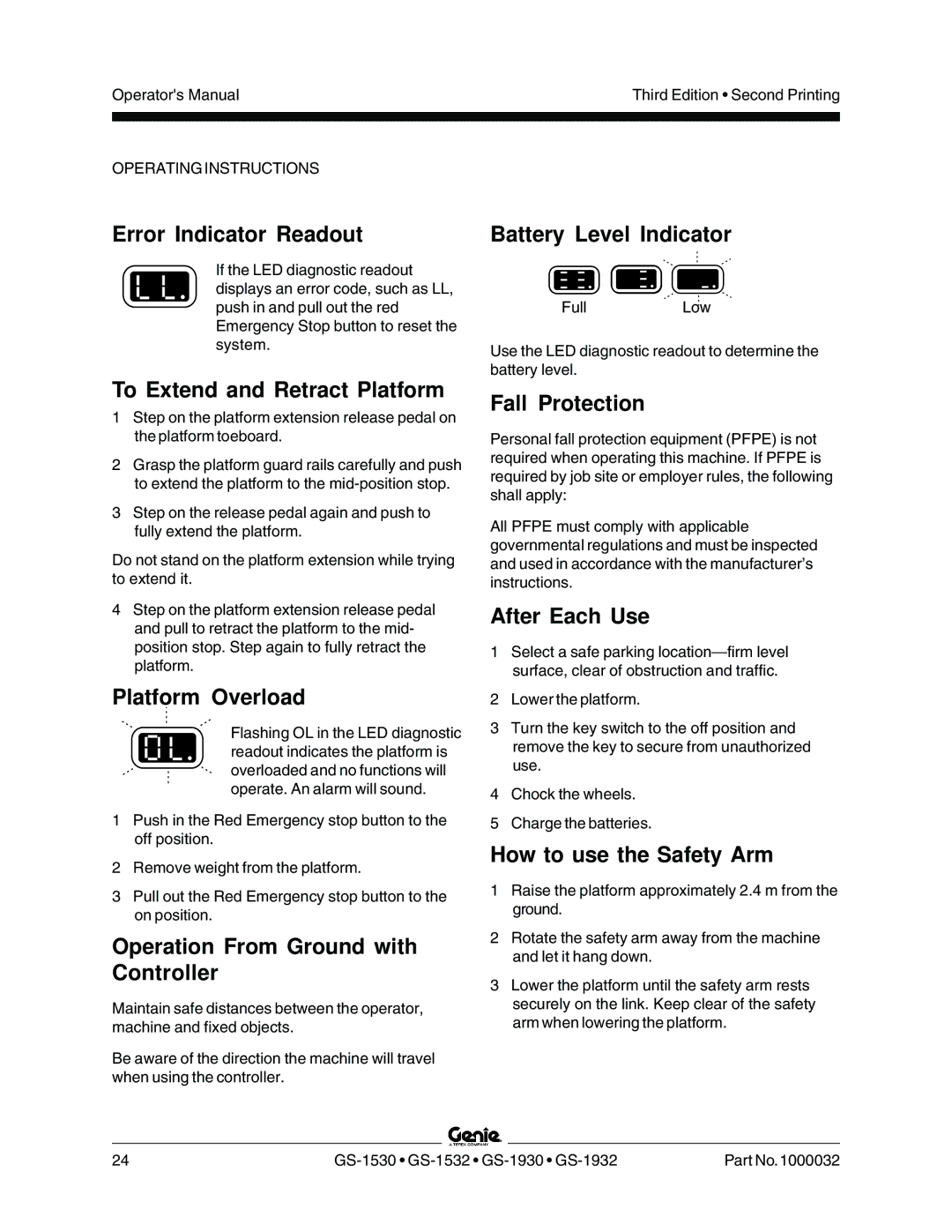 Genie CE Error Indicator Readout, To Extend and Retract Platform, Platform Overload, Operation From Ground with Controller 